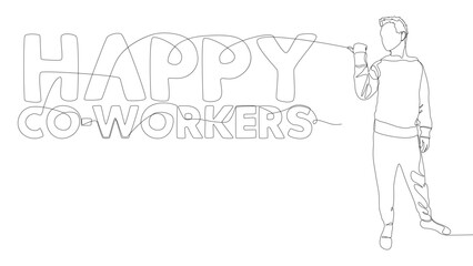 One continuous line of Man pointing with finger at Happy Co-workers word. Thin Line Illustration vector concept. Contour Drawing Creative ideas.