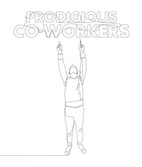 One continuous line of Man pointing with finger at Prodigious Co-workers word. Thin Line Illustration vector concept. Contour Drawing Creative ideas.