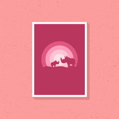 Rhinoceros father and son silhouette artwork in pink color for wall 