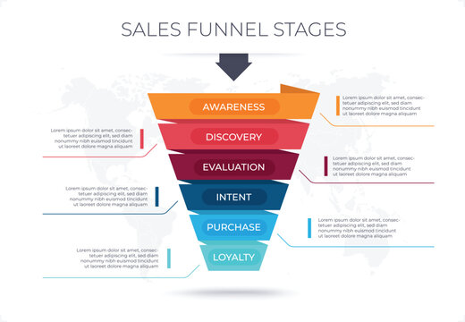 Sales funnel stage 6 choices top to bottom infographic. Sales stage infographic funnel. Vector illustration.