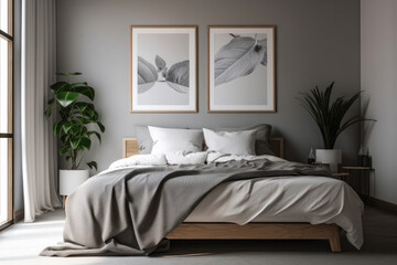 White bedroom interior featuring a mockup poster frame with a canvas print and bohemian pattern pillows and blankets. The lighting and greenery add to the cozy ambiance. This mockup is AI generative.