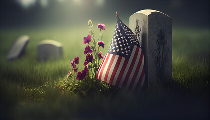 American flag laying on grave at the peaceful flowers. Concept National holidays , Flag Day, Veterans Day, Memorial Day, Independence Day, Patriot Day  Ai generated image