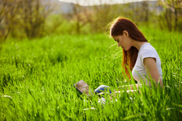 woman working on a laptop while sitting in the tall grass on the street