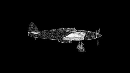 Fototapeta na wymiar 3D propeller-driven aircraft plane on black bg. Object dissolved white flickering particles. Business advertising backdrop. Science concept. For title, text, presentation. 3D animation
