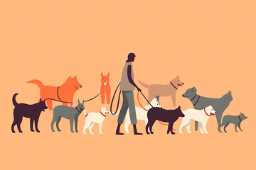 The Joy of Walking Dogs, An Illustration of a Happy Dog Walker