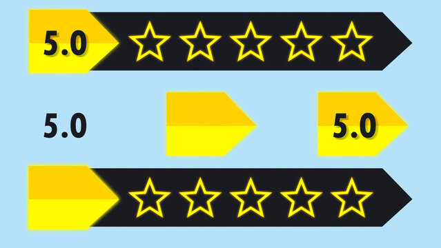 5 gold Stars Rating on stylysh lower third isolatedwith rate numbers counter. Business, App, Game, Store, Rating Five Yellow Stars for Customer Quality Concept.