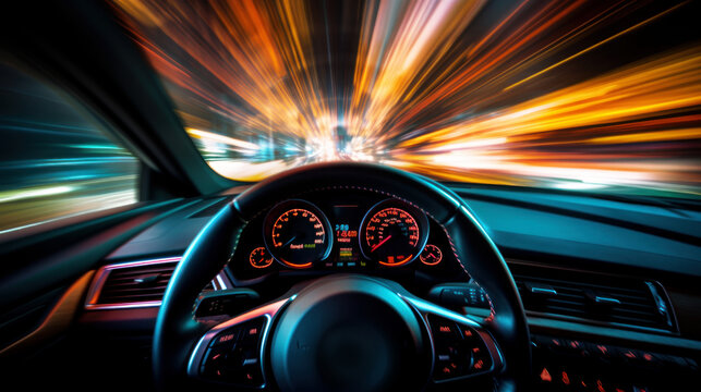 long exposure image of car dashboard and light trails on the outside of the windscreen. Night driving. generative AI.