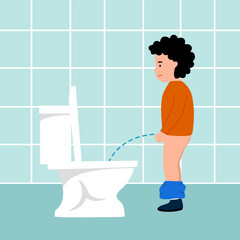 Boy kid peeing in a toilet in flat design. - obrazy, fototapety, plakaty