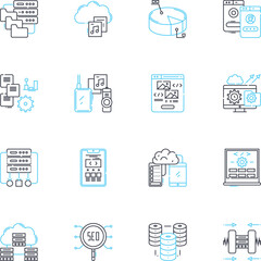 Predictive analytics linear icons set. Forecasting, Data-driven, Machine learning, Modeling, Insights, Algorithms, Optimization line vector and concept signs. Intelligence,Behaviors,Patterns outline