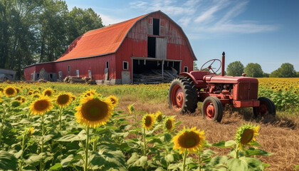 Obraz premium Sunflower meadow, farmer harvesting yellow beauty in nature generated by AI