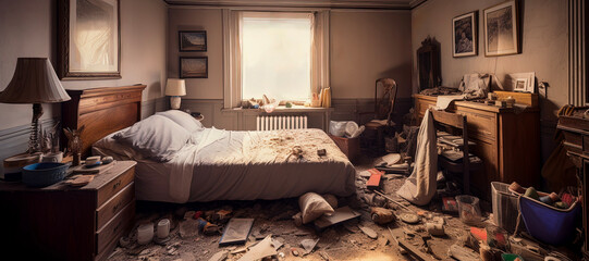 A dirty dull messy bedroom that needs a deep cleaning. Untidy and unhygienic behavior of a depressed and lazy person (generative AI) - obrazy, fototapety, plakaty