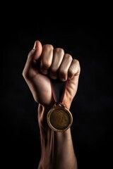 Plakat Male hand rise up a gold medal, success - Generative AI