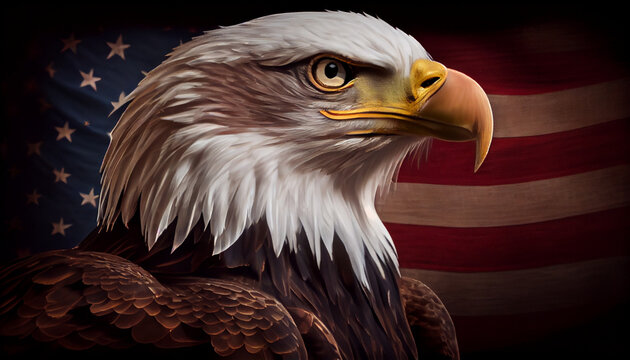 Bald Eagle close-up and vintage America flag flying in back. Concept National holidays , Flag Day, Veterans Day, Memorial Day, Independence Day, Patriot Day  Ai generated image