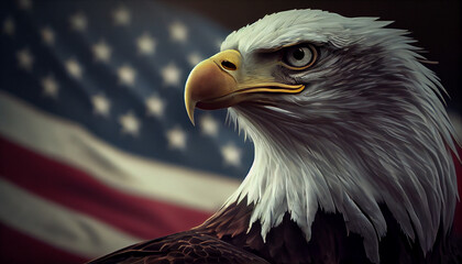 Naklejka premium Bald Eagle close-up and vintage America flag flying in back. Concept National holidays , Flag Day, Veterans Day, Memorial Day, Independence Day, Patriot Day Ai generated image