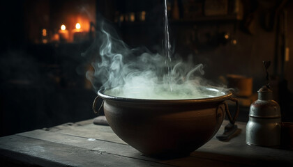 Burning wood in cauldron, boiling soup inside generated by AI