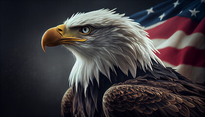 Naklejka premium Bald Eagle close-up and vintage America flag flying in back. Concept National holidays , Flag Day, Veterans Day, Memorial Day, Independence Day, Patriot Day Ai generated image