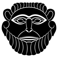 Antique ethnic mask. Face of a bearded man. Nomadic Scythian Iron Age Pazyryk culture. Black and white silhouette.