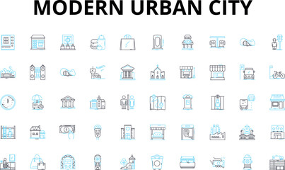 Modern urban city linear icons set. Skyscrapers, Diversity, Traffic, Graffiti, Pollution, Nightlife, Architecture vector symbols and line concept signs. Subway,Highways,Pedestrians illustration