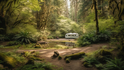 Green car speeds through tranquil forest landscape generated by AI