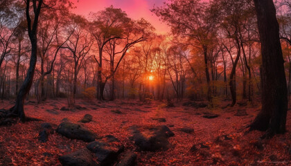 Sunset over forest, beauty in nature art generated by AI