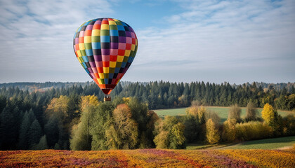 Vibrant hot air balloon soars over mountains generated by AI