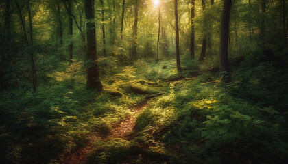Tranquil forest footpath in autumn sunlight glow generated by AI