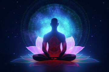 Fototapeta na wymiar State of mind concept. Transcendental chakras space meditation man silhouette. Lotus pose, cosmic background. Generative AI