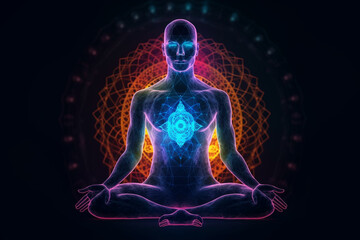 State of mind concept. Transcendental chakras space meditation man silhouette. Lotus pose, cosmic background. Generative AI