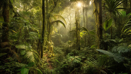Naklejka premium Tropical rainforest ferns grow in lush greenery generated by AI
