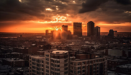 Silhouette of city skyline back lit by sunset generated by AI
