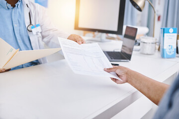 Document, folder and doctor hands with patient giving information for medical history and health insurance. Professional people or medical worker with paperwork, consultation sign up or registration