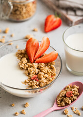 Homemade fresh granola with spoon and glass of milk for perfect breakfast.