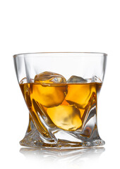 Luxury glass with whiskey and ice cubes on white background.