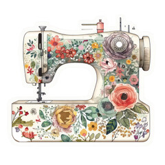 Embroidery Machine. Beautiful flowers with sewing machine stickers isolated on white background. Generative AI.