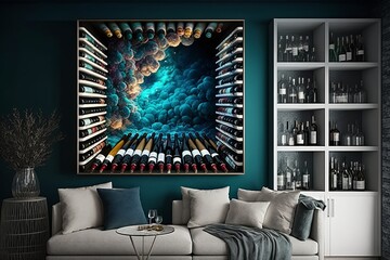 Den with wine bottle art display