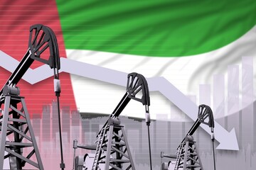 lowering down chart on United Arab Emirates flag background - industrial illustration of United Arab Emirates oil industry or market concept. 3D Illustration