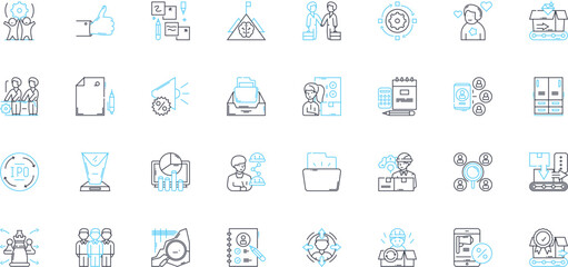 Operating squad linear icons set. Teamwork, Strategy, Coordination, Execution, Leadership, Efficiency, Tactics line vector and concept signs. Domination,Precision,Agility outline illustrations