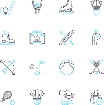 Competitions linear icons set. Challenge, Race, Contest, Game, Event, Battle, Match line vector and concept signs. Exhibition,Tournament,Showdown outline illustrations