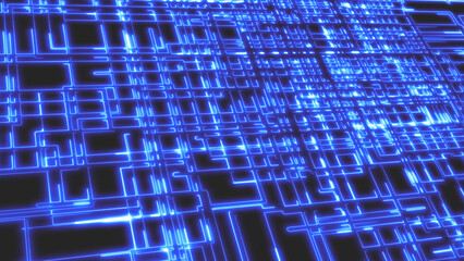 Fototapeta premium Micro chip blue glowing parts background. Creative image of neon blue lines in electric techno style. High quality 8k photo