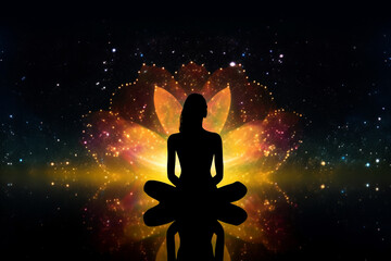 Fototapeta na wymiar State of mind concept. Transcendental chakras space meditation woman silhouette. Lotus pose, cosmic background. Generative AI