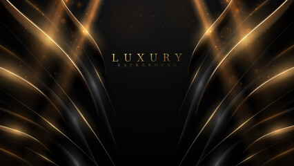 Abstract black luxury background with gold curve element and golden light effect decorations and bokeh.
