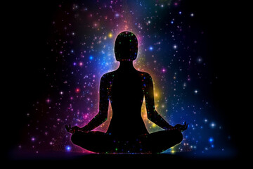 Fototapeta na wymiar State of mind concept. Transcendental chakras space meditation woman silhouette. Lotus pose, cosmic background. Generative AI