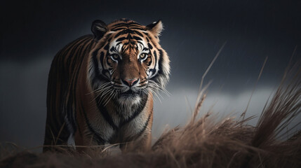 A fierce tiger battling in stormy weather