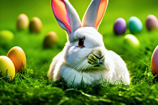 easter bunny and colourful eggs, artificial intelligence generated image