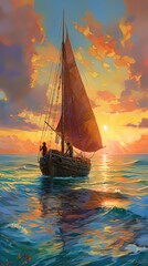 Sailing ship at sunset. Generative ai