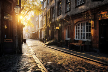 Fototapeta na wymiar Charming cobblestone street in a quaint German town at sunset - generative AI
