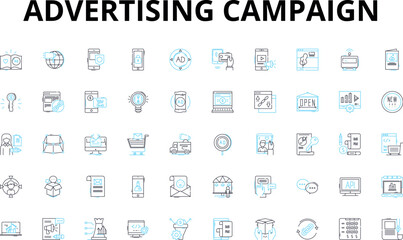 Advertising campaign linear icons set. Creativity, Strategy, Targeting, Message, Branding, Awareness, Engagement vector symbols and line concept signs. Conversion,Impact,Reach illustration