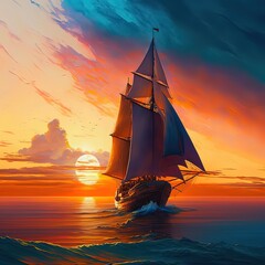 Sailing ship at sunset. Generative ai