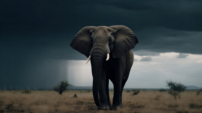 A cute elephant in bad weather