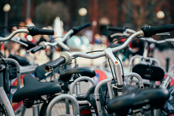 Fototapeta na wymiar city bikes parked in the city center